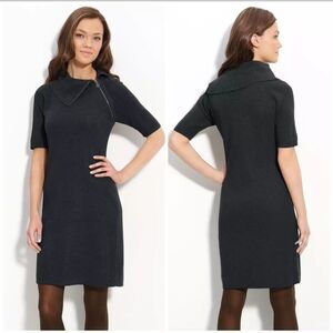 CALVIN‎ KLEIN Sweater Dress XL Black Knit Asymmetric Zip Cowl Neck Workwear